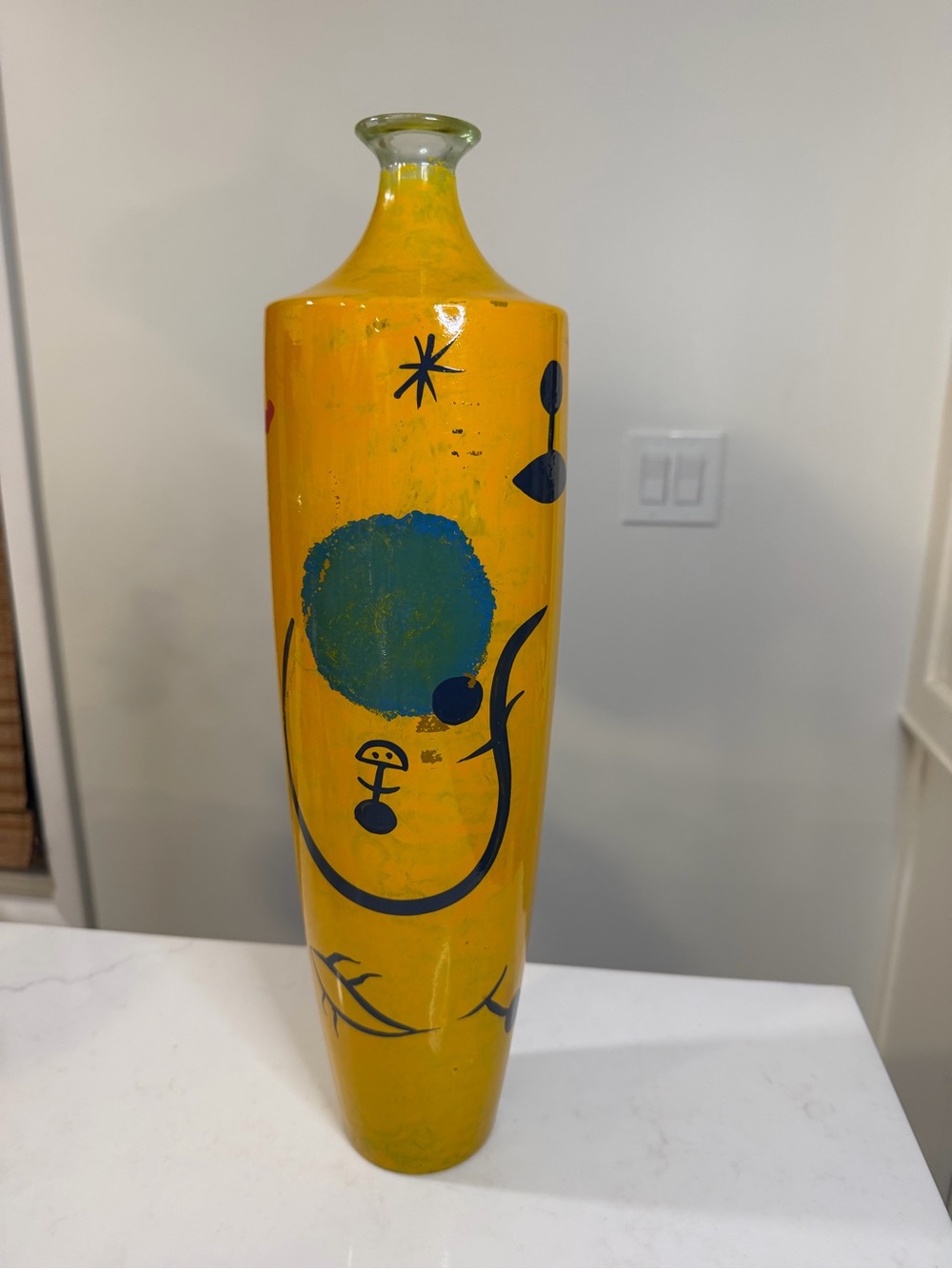 Vintage 1990’s Joan Miro Style Large yellow Glass Art Vase with green Abstract